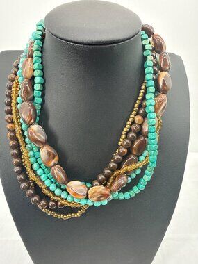 Boho Turquoise Brown Beaded Multi Strand Layered Statement Necklace Bib Chic